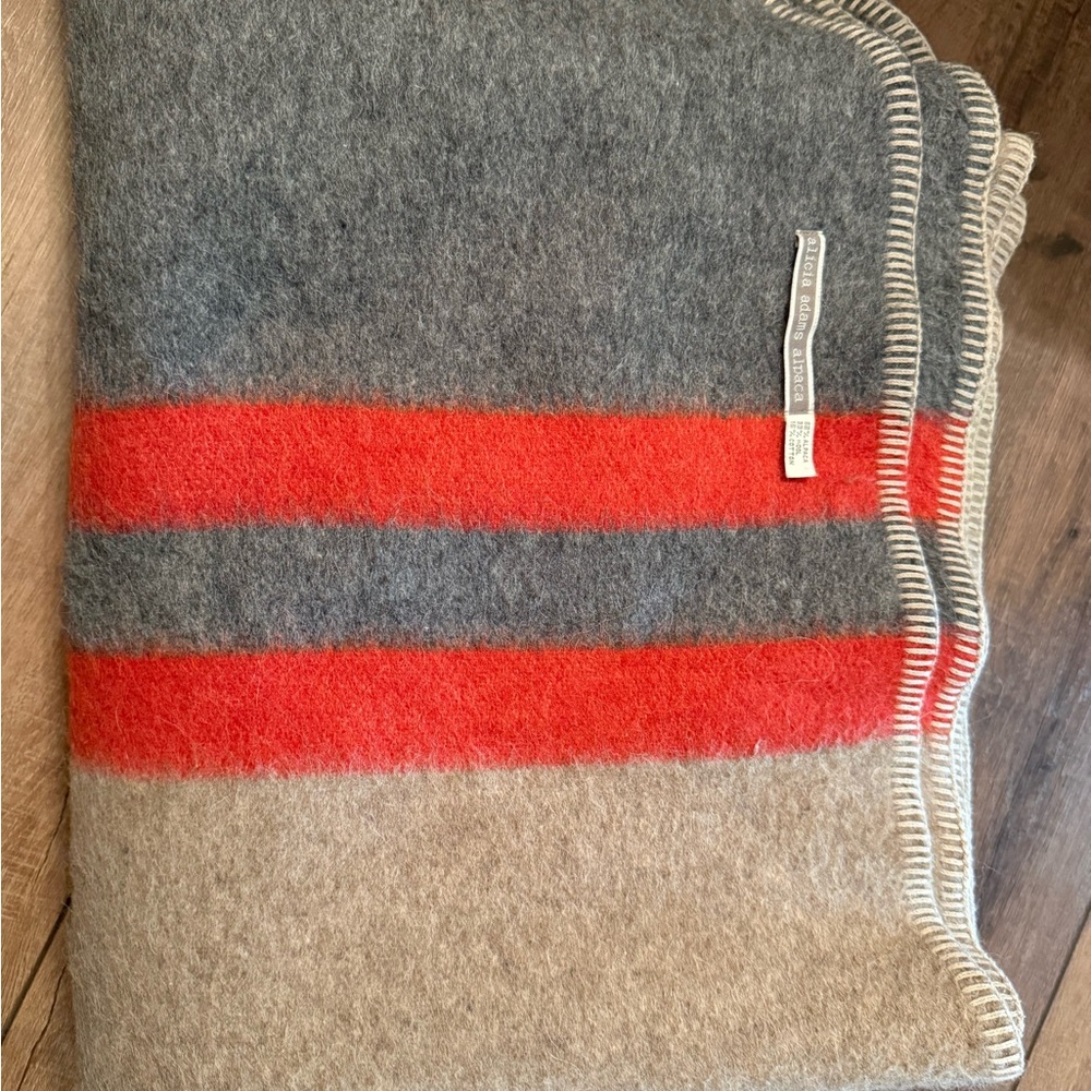 Tan Alicia Adams Alpaca Blanket with Grey and Red Stripes